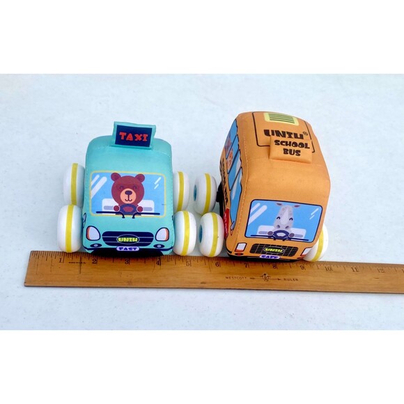 Cars plush School Bus, Taxi, Fireman LOT of 5 Melissa & Doug Pull Back Toy Cars - Picture 2 of 8